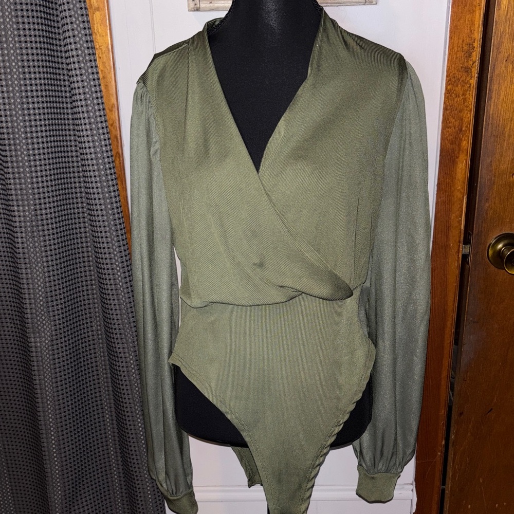 SHEIN Olive Green Wrap-Front Long Sleeve Bodysuit